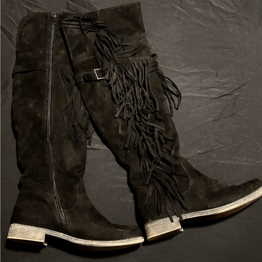 JustFab Black Over the Knee Fringe Boots